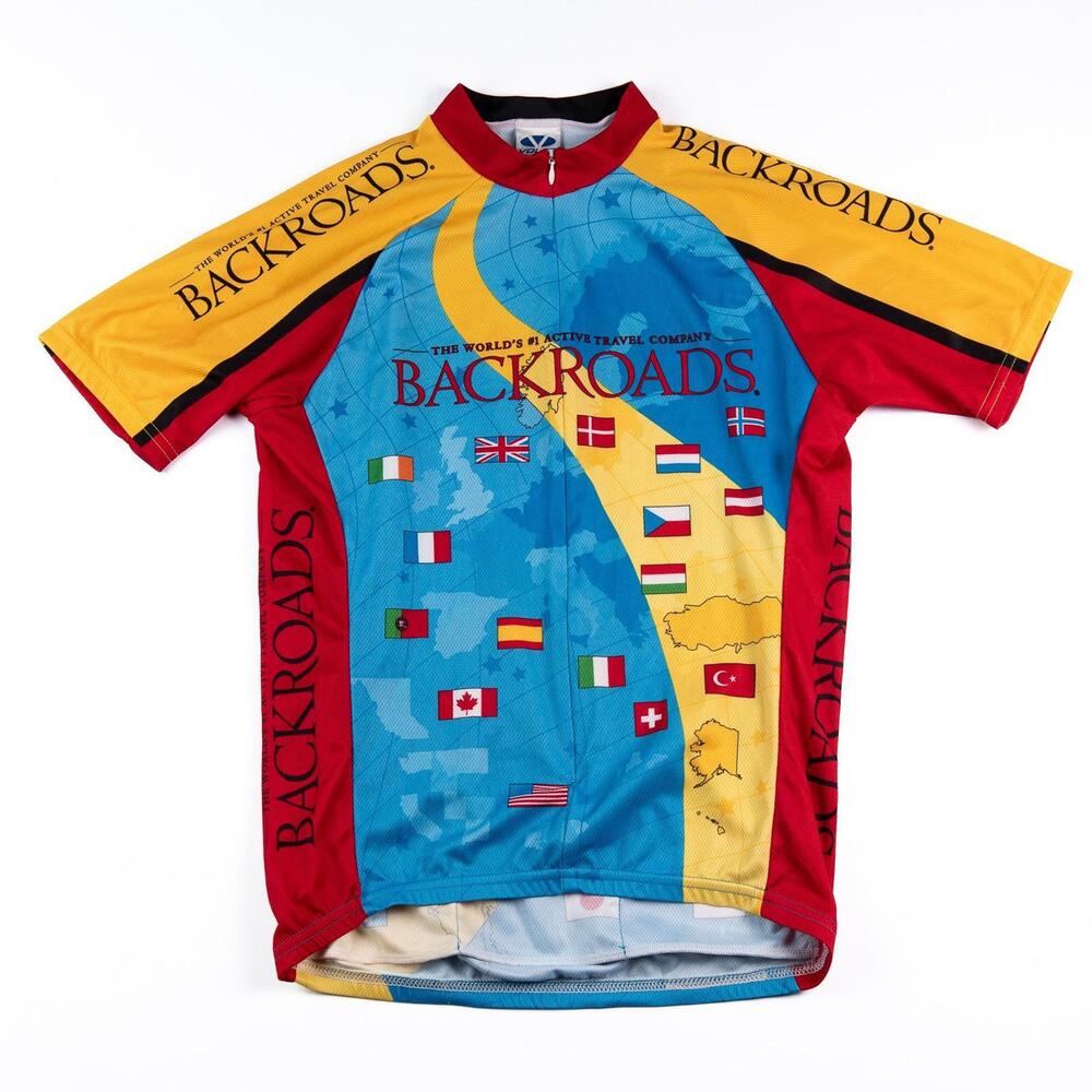 Voler Backroads Cycling Jersey USA Made Medium World Map Flags Bike Shirt